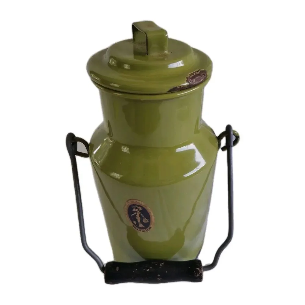 Vtg Grandmere Enamel Milk Can Container Avocado Green Wood Handle